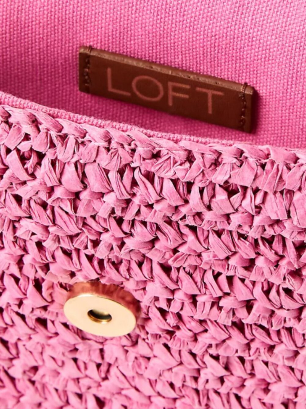 Loft Pink Raffia Clutch w Brown Trim Detail NWT - Picture 7 of 8